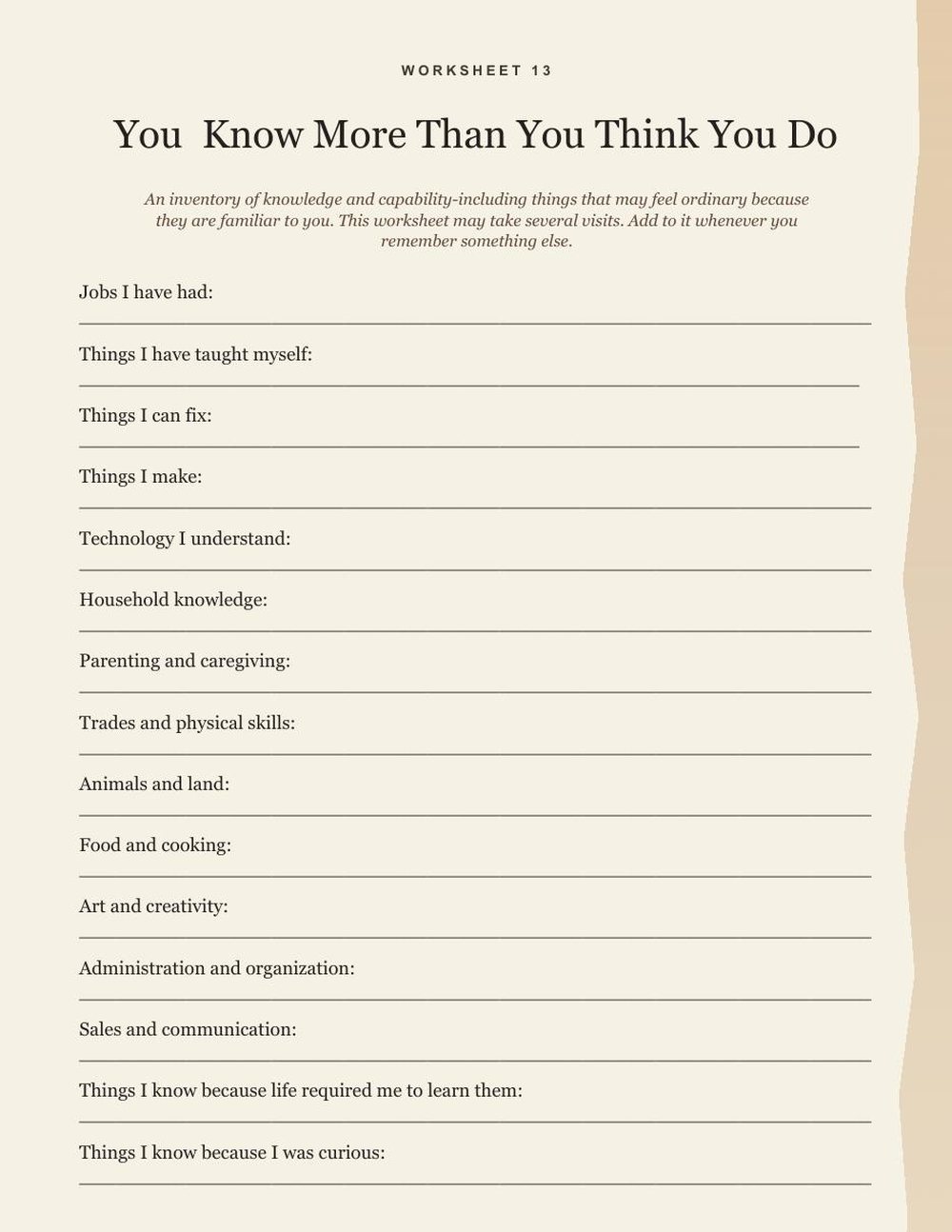 A worksheet titled You Know More Than You Think You Do, an inventory of skills and knowledge with prompts such as jobs I have had, things I can fix, and things I taught myself.