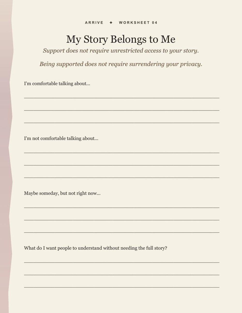 A worksheet titled My Story Belongs to Me, with writing prompts about what you are and are not comfortable talking about, and ruled lines to answer on.